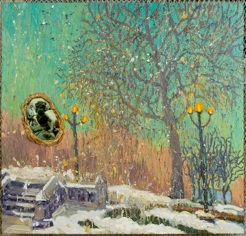 A tree near some stone railings; a portrait is inset in a painted frame.