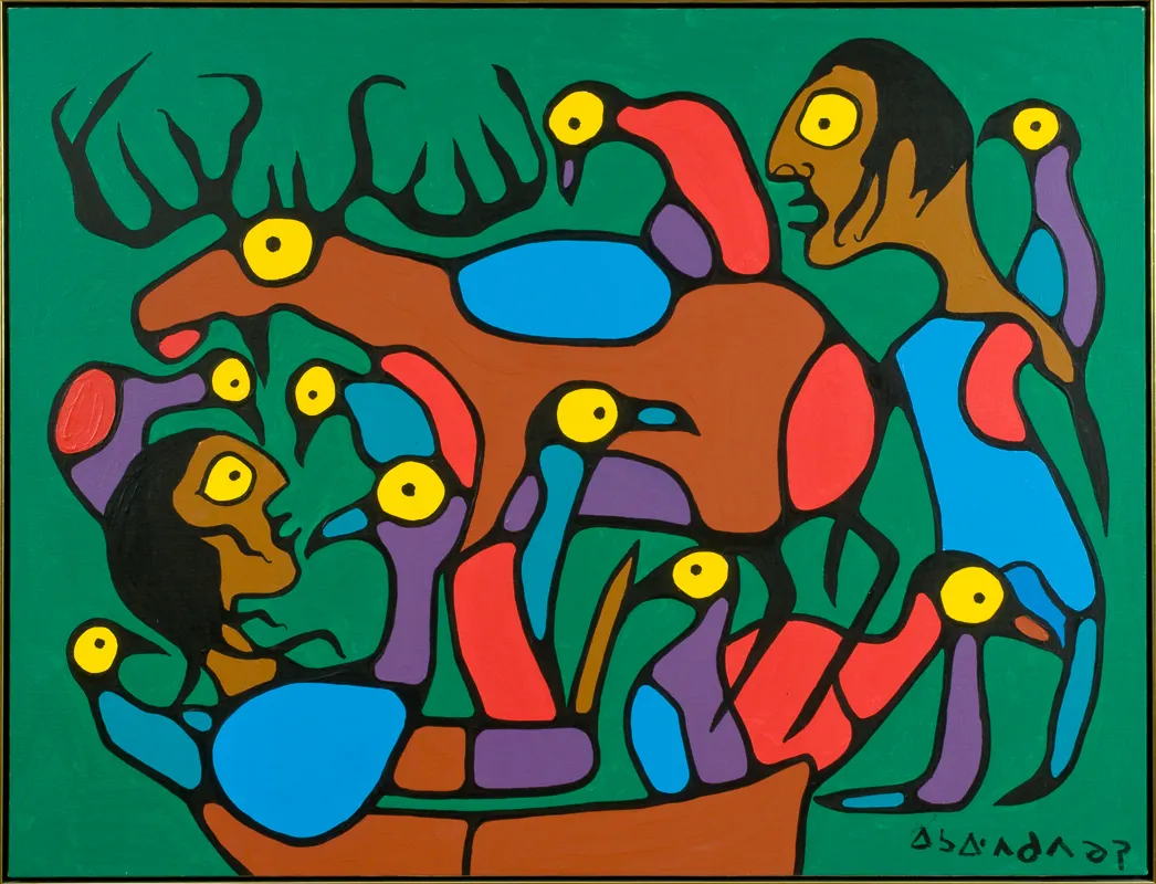People and non-human animals in conversation, in Woodland style.