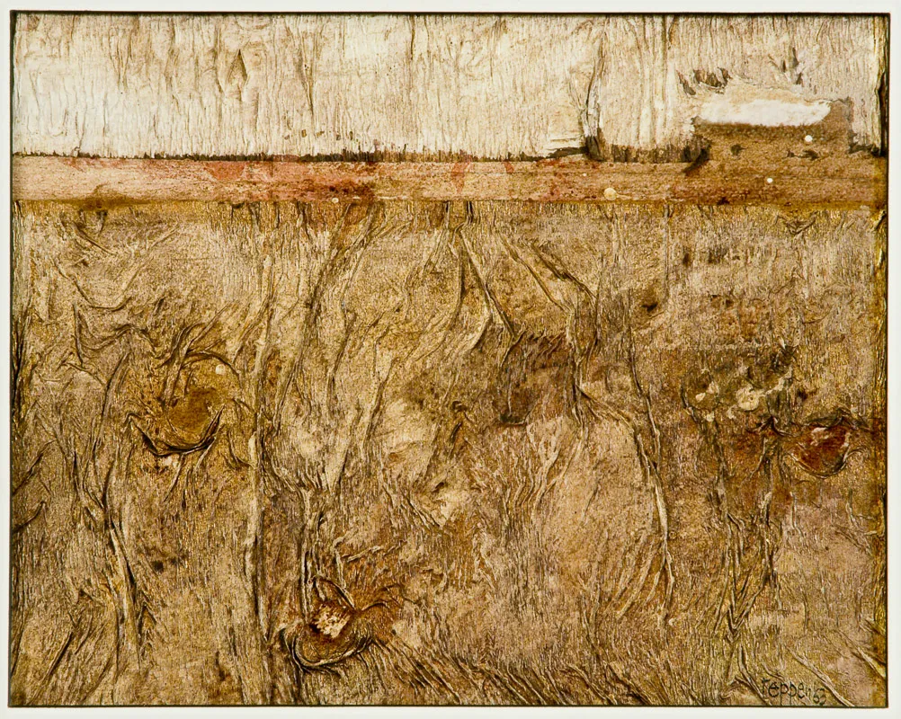 Painting of ground and sky, primarily sandy-brown in colour.