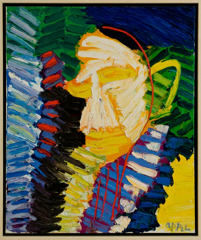 Yellow face with green ear against a stripped background.