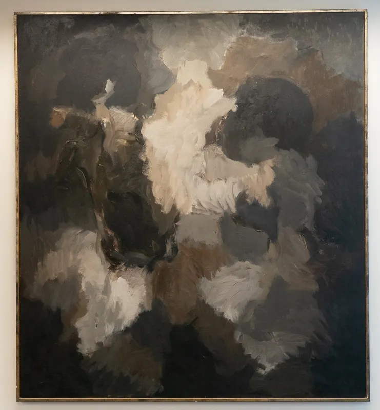 Black, grey, brown, and white splotches resembling a bank of clouds or camo pattern.