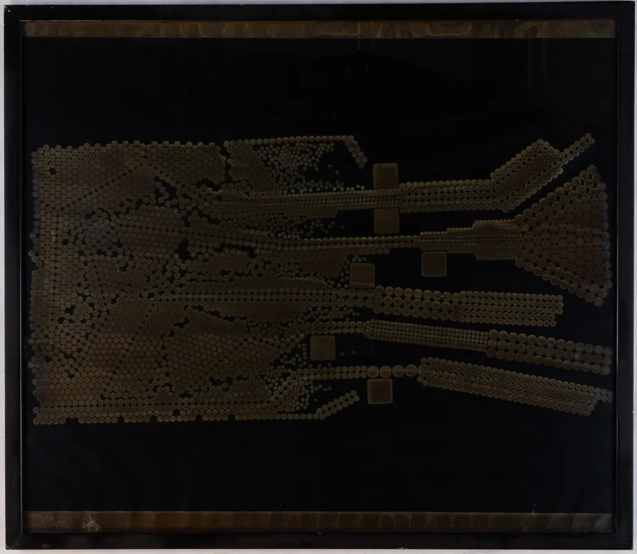 Very dark painting in blacks and browns, with circular forms of various sizes delineating a hand-like form.