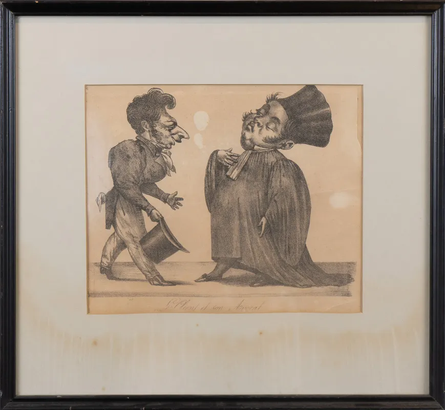 Caricature of lawyer and client.