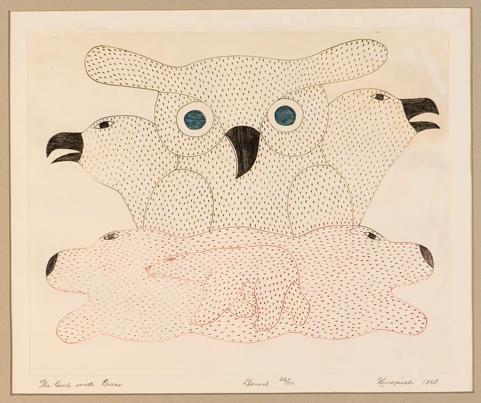 Line drawing of owl with two bears.