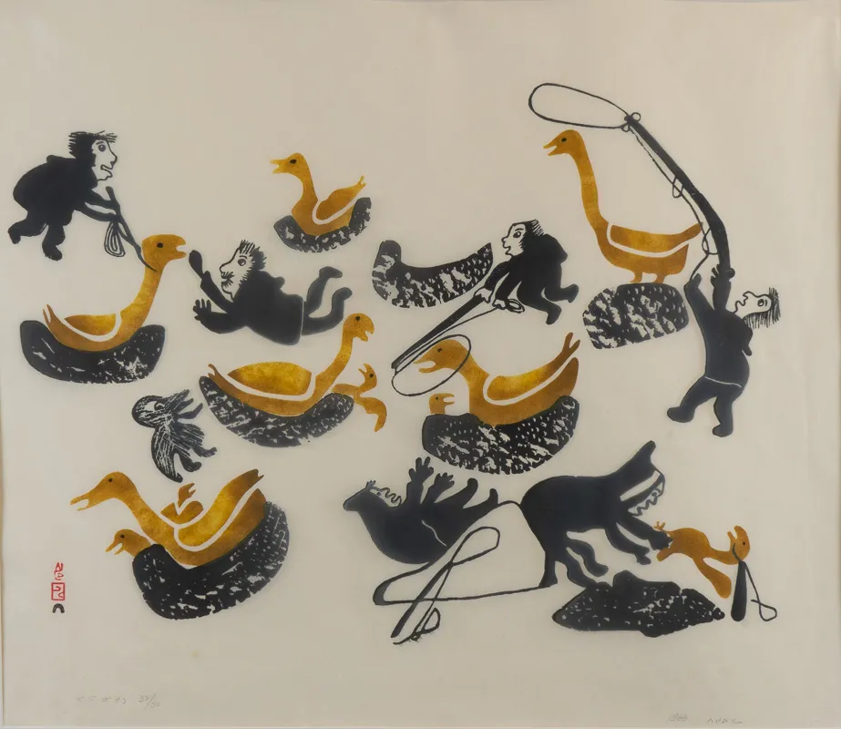 Six Inuit men chasing some geese. 