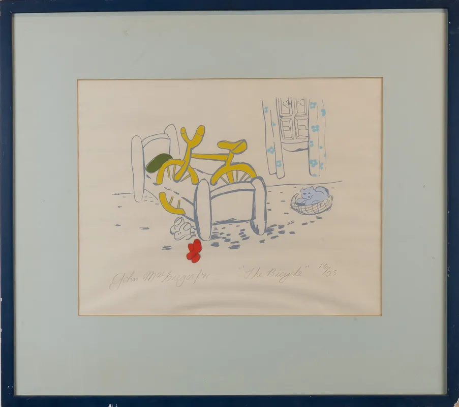 A bed merging with a yellow bicycle in a whimsical composition.