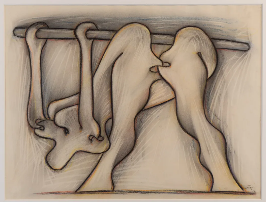 Expressive line drawing of a dancer at a barre.