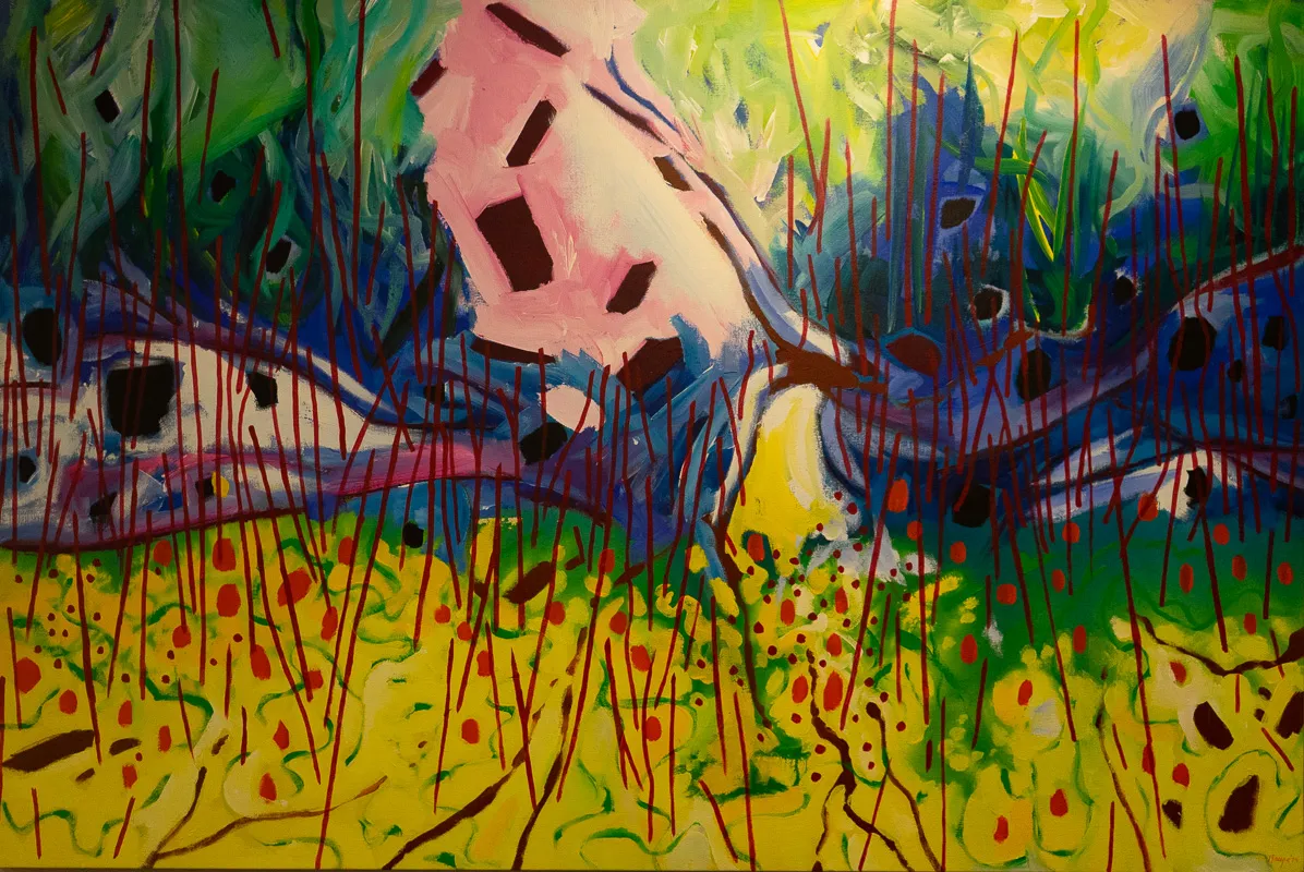Colourful scene of perhaps a forest, although it could also be a pink figure reclining in a meadow. 