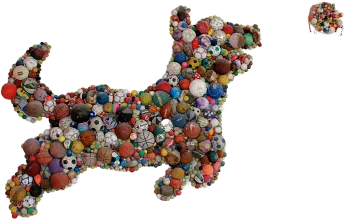 Art piece of a dog, made up of hundreds of small balls, catching a ball