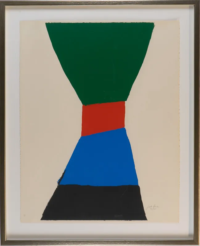 Squared-off hourglass figure in green, red, blue, and black.