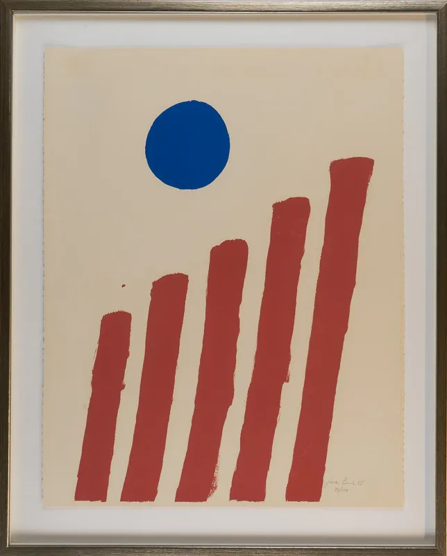 Five vertical red stripes, rising towards the right, with a blue disk above.