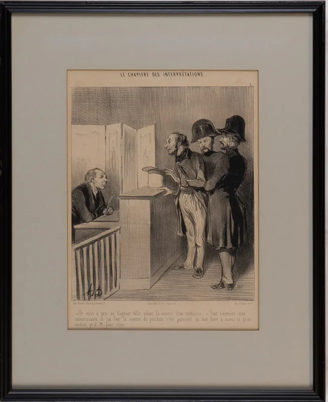 A man, accompanied by two policeman, in discussion with a clerk.