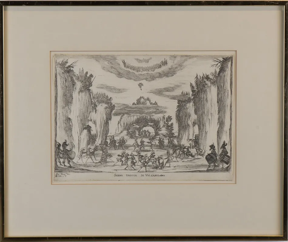 Symmetrical landscape with cliffs and a grotto with manby figures arrayed around. 