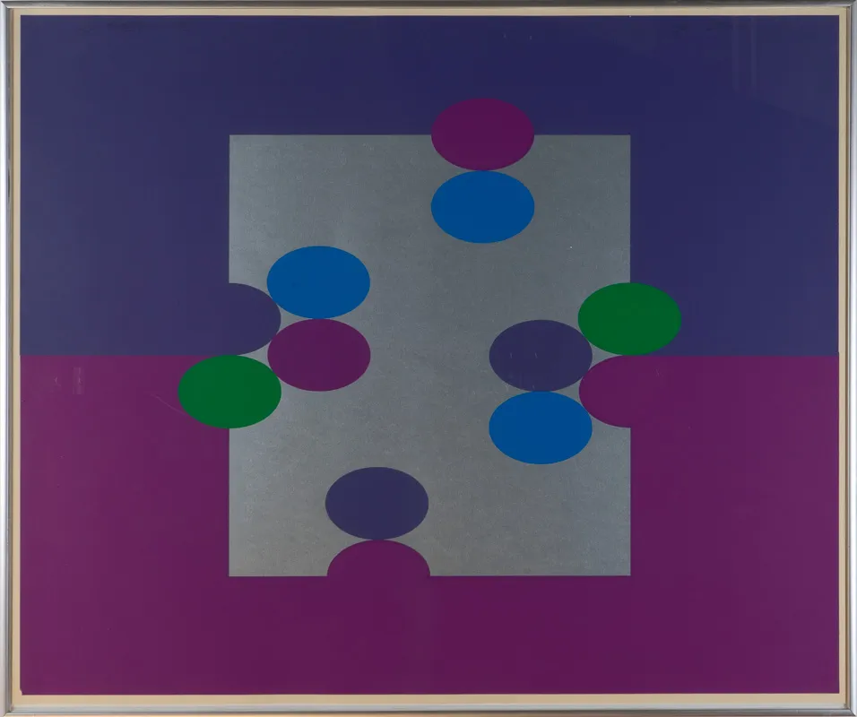 Blue/Green/Mauve composition. Central figure looks a little like a puzzle piece.