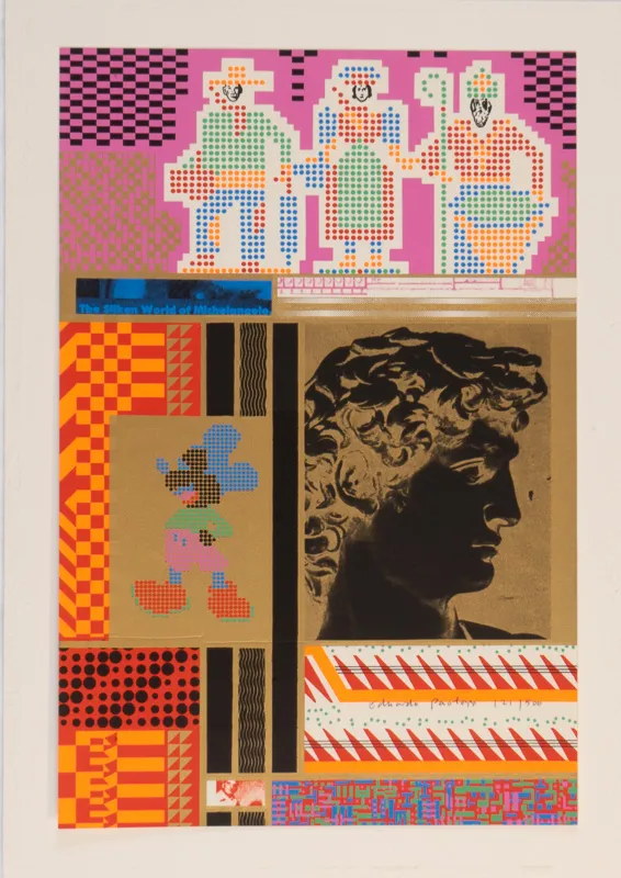 Pop art rendition including Mickey Mouse, David, and lightbrite figures.