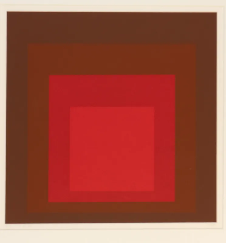 Concentric squares, weighted towards the bottom, with visual interactions between the colours. Primarily borwn and red.