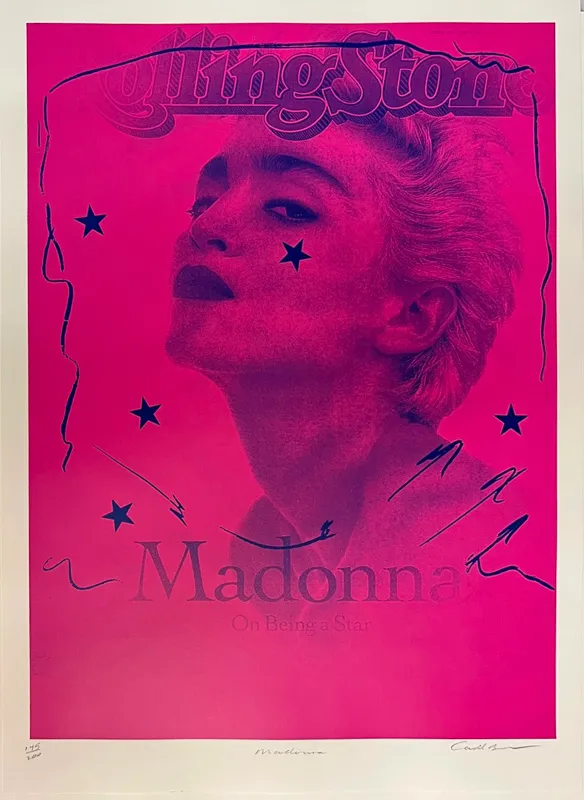 Portrait of Madonna in blue and magenta.