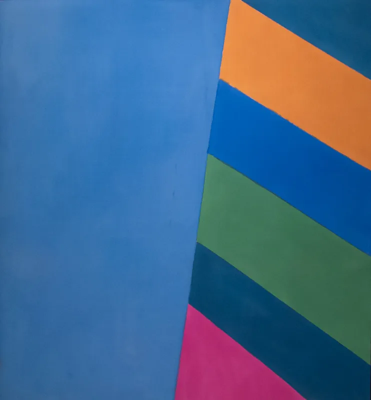 Blue squarish abstract canvas with a blue background and wide stripes in yellow, green, magenta, and several shades of blue on the right side.  