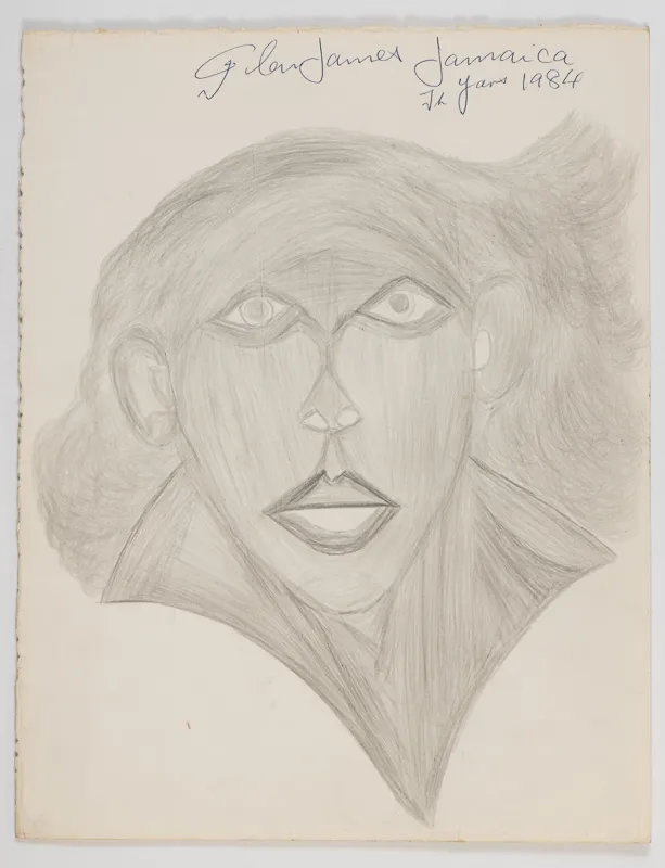 Portrait in pencil and pen in a naive style on a blank background.