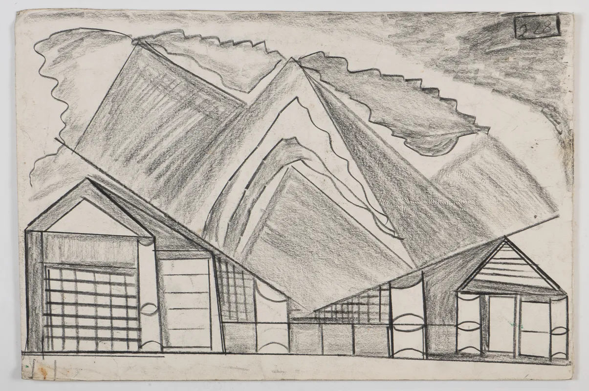 A building intersected by mountain-like shapes in a naive style. Drawn in either black crayon or charcoal.