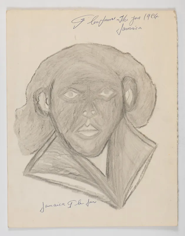 Portrait in pencil and pen in a naive style on a blank background.