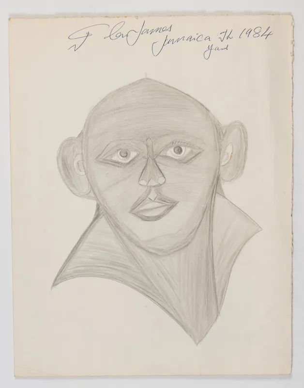 Portrait in pencil and pen in a naive style on a blank background.