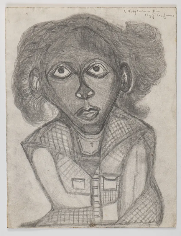 Portrait in pencil in a naive style on a blank background.