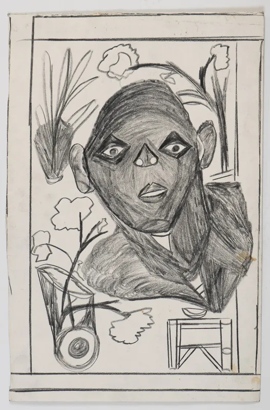 Portrait in charcoal in a naive style on a botanical background.