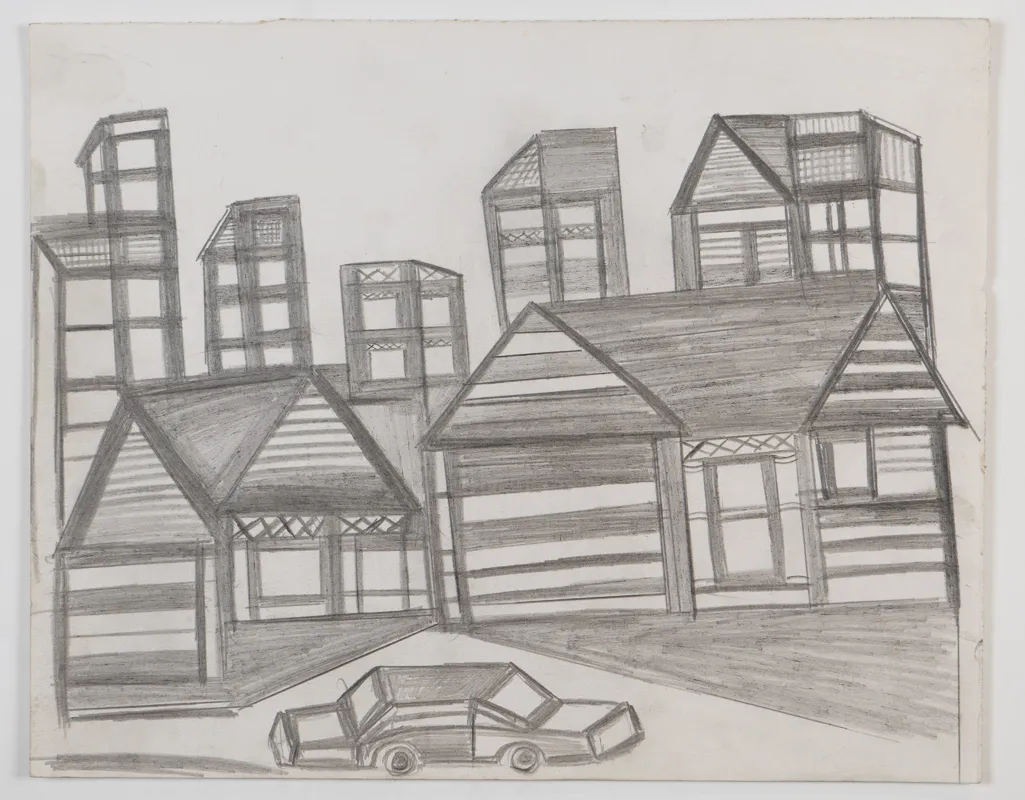 Cityscape in pencil in a naive style. 