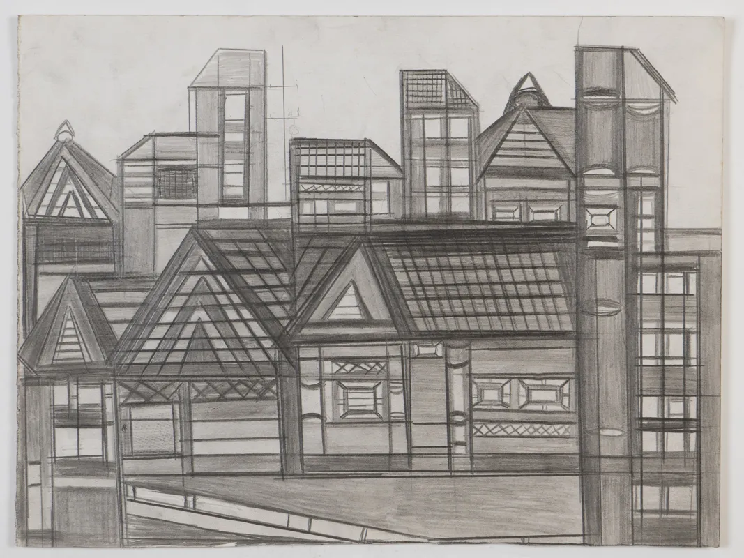 Cityscape in pencil in a naive style. 