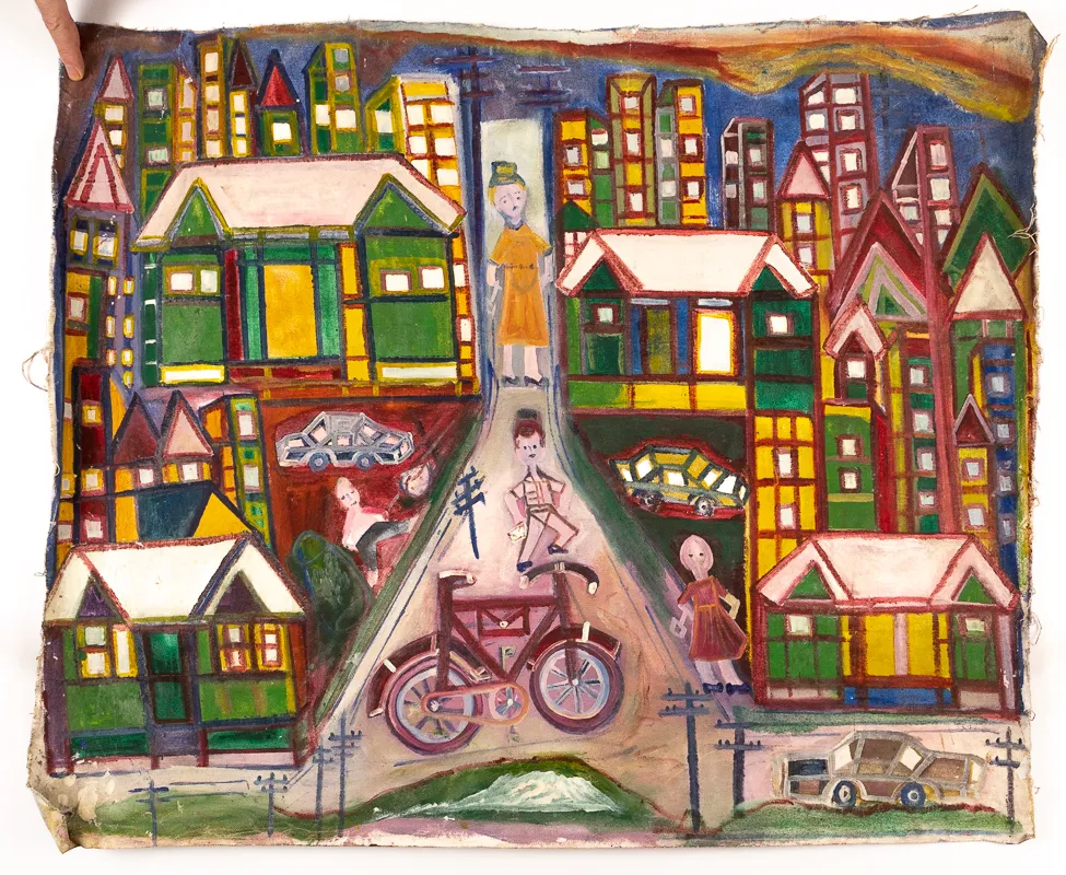 Colourful cityscape with multiple figures. Acrylic on canvas in a naive style.