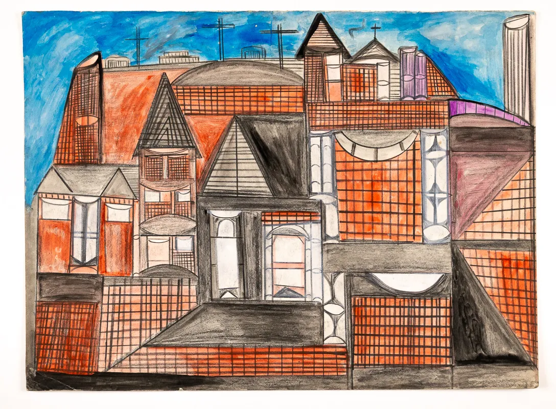 Cityscape in watercolour mixed media in a naive style. 