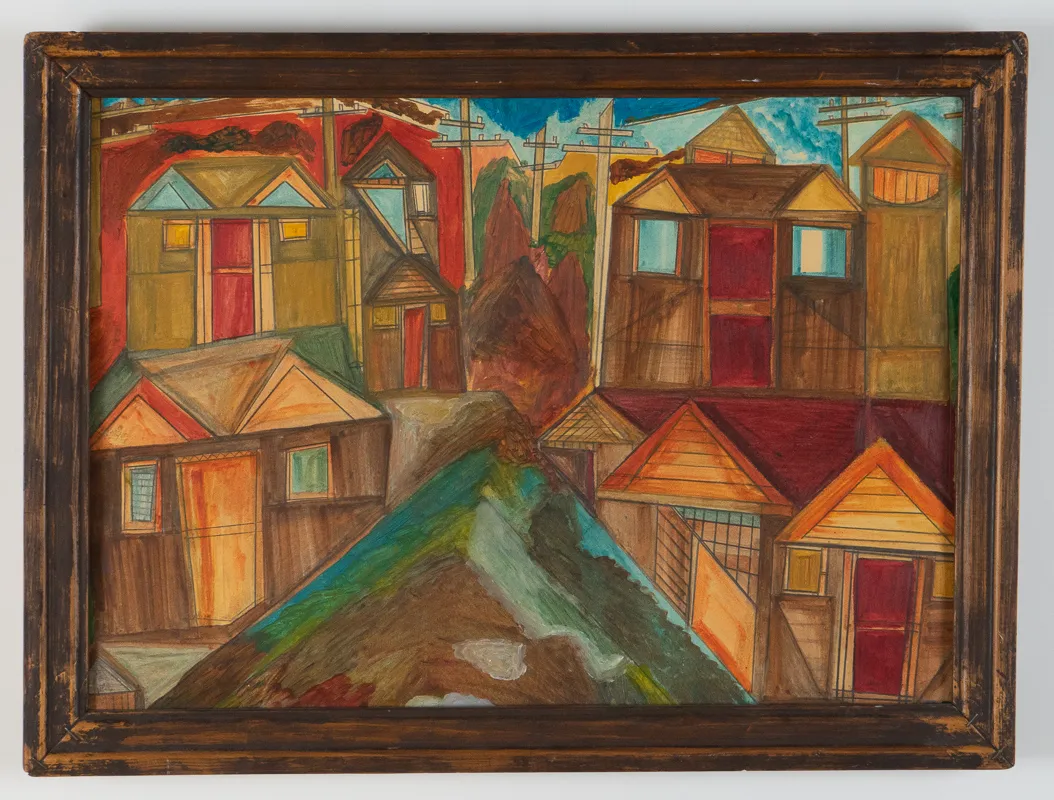 Cityscape in mixed media colour in a naive style. 
