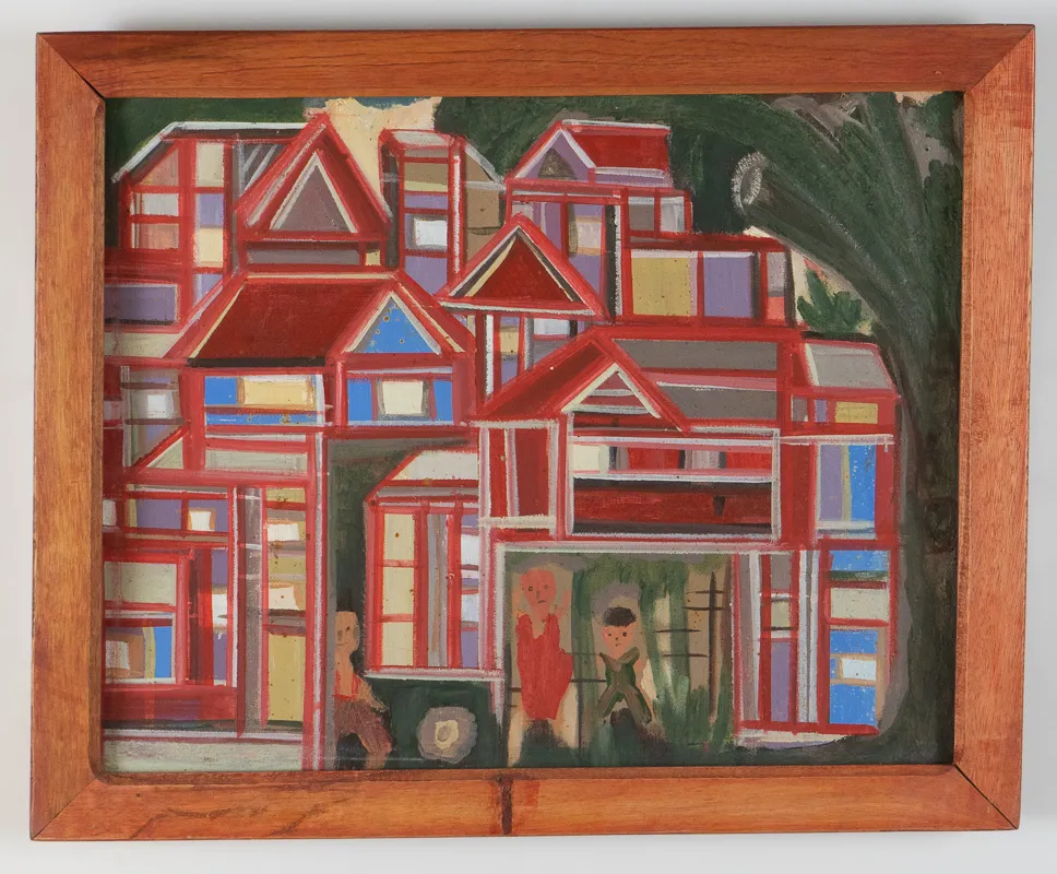 Colourful cityscape with people in acrylic in a naive style. 