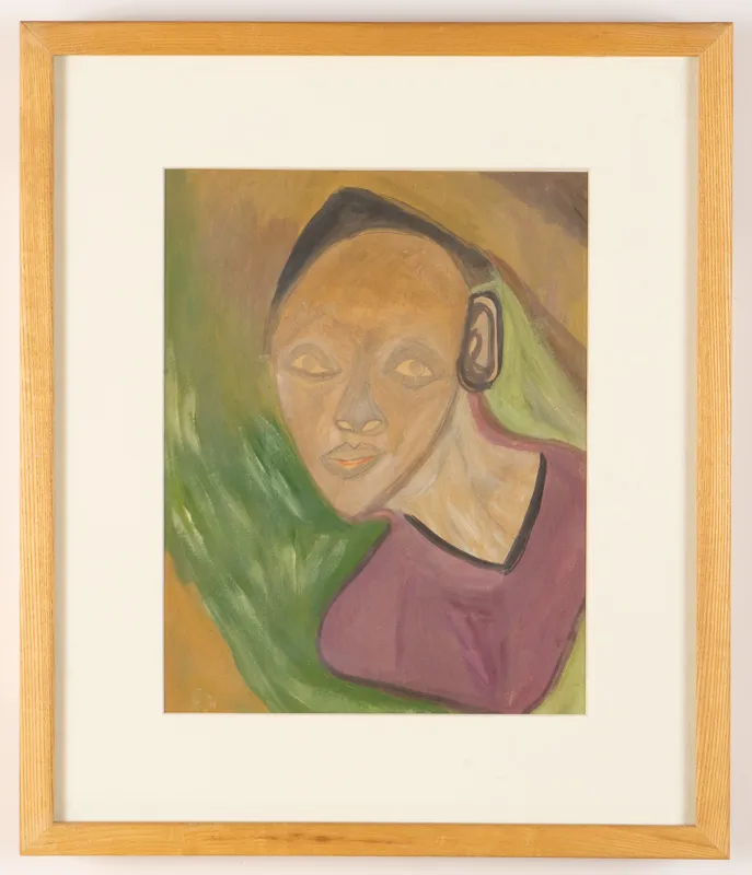 Coloured portrait in watercolour in a naive style on a green and yellow background.