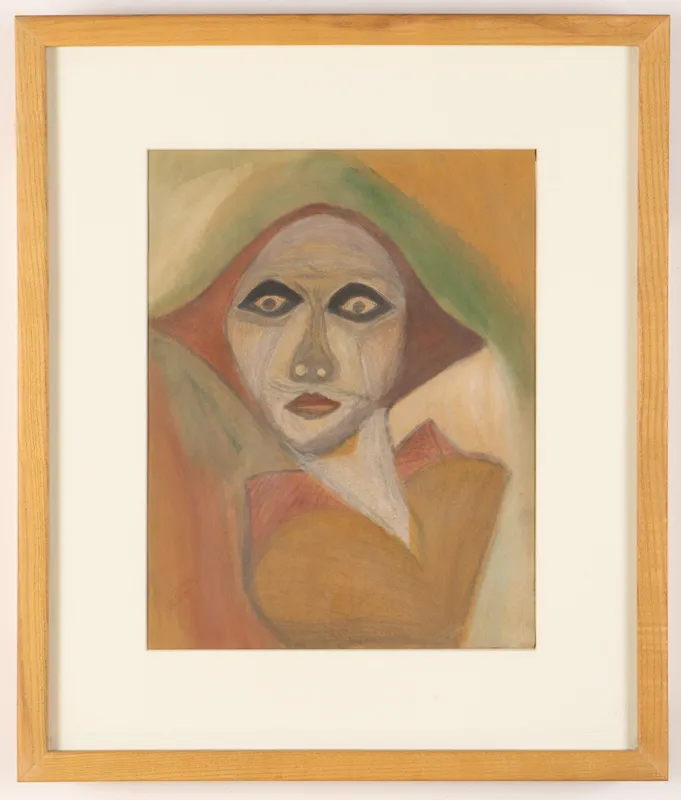 Coloured portrait in watercolour in a naive style on a multicoloured background.