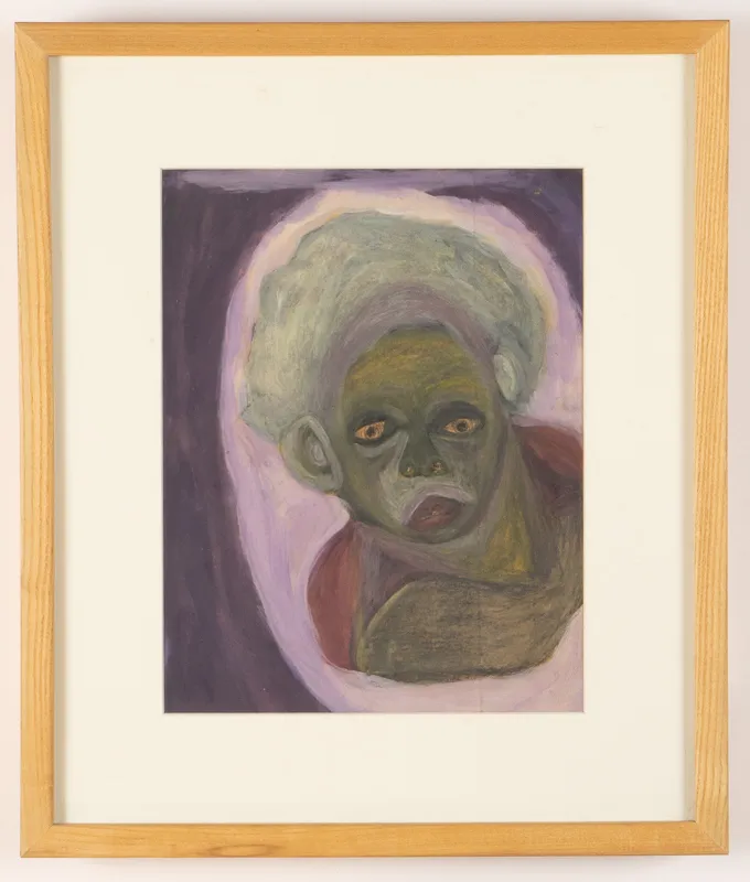 Colour portrait in watercolour in a naive style on a purple background.