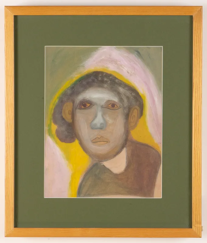 Colour portrait in watercolour in a naive style on a multicolour background.