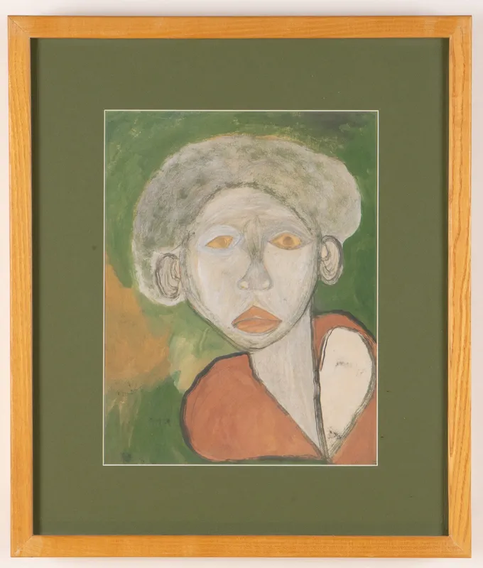 Colour portrait in watercolour in a naive style on a green background.