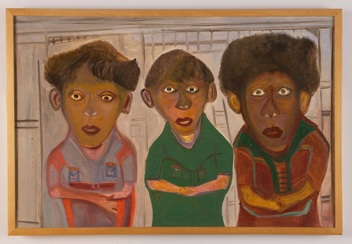 Colour portrait of three figures in oil and acrylic in a naive style. A grey architectural background.