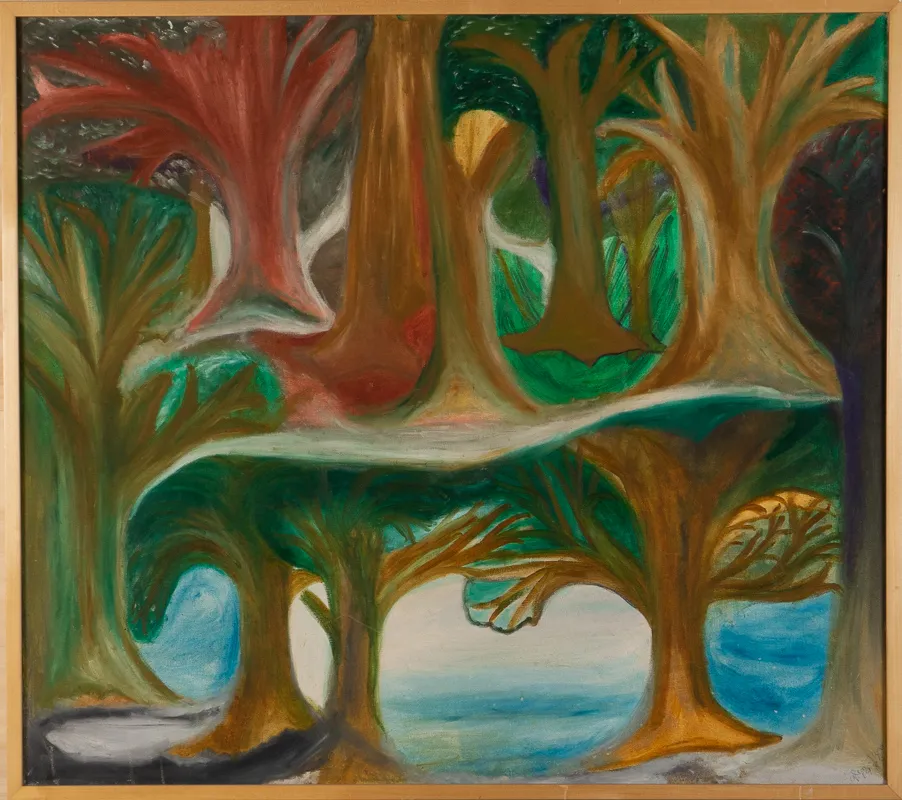 Forest scene, largely green and orange, in acrylic in an abstracted and naive style.