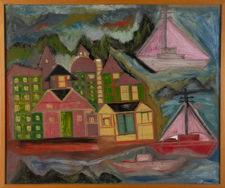 Colourful cityscape in acrylic and oil in a naive style. City is surrounded by a seascape, boats, and mountain-like forms.