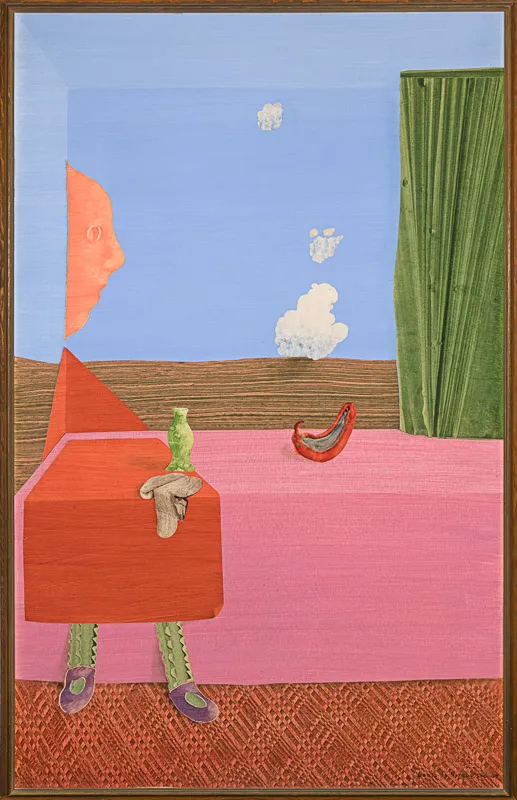 A surrealistic take on a table with a paper doll draped over it in range, pink, green, and blue.