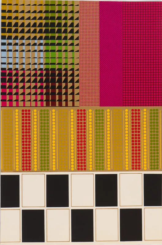 Black and white grid with multi-colour pattern. 