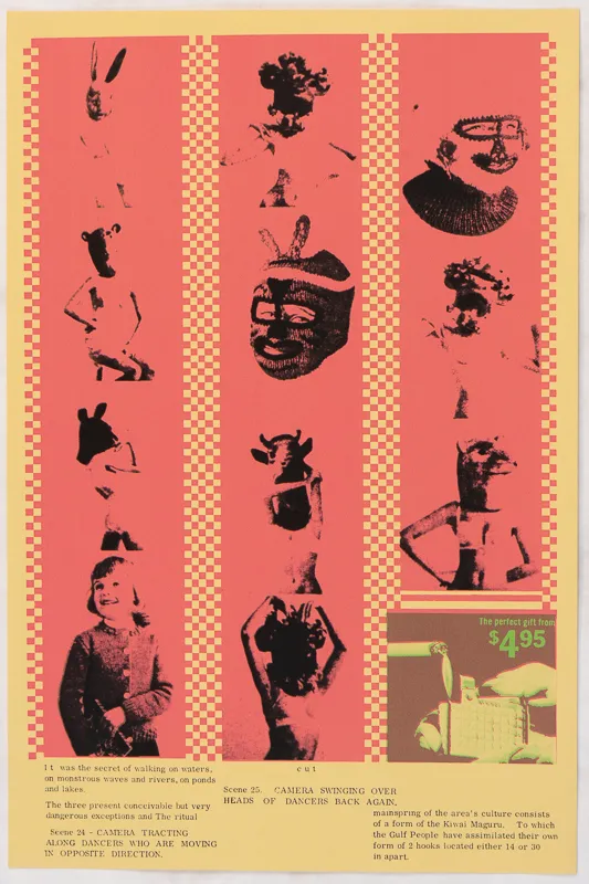 Pink and black image of people wearing masks. 