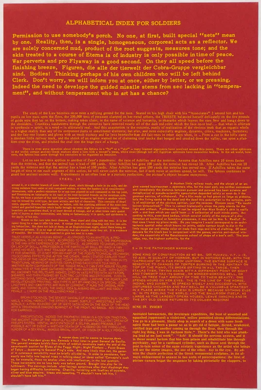 Page titled "Alphabetical Index For Soldiers". Yellow text on red paper 