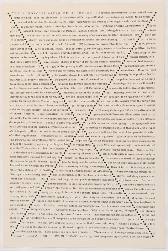 black text on white paper; the text is split in four quadrants through the placement of an "X" across the page,  comprised of black dots. 
