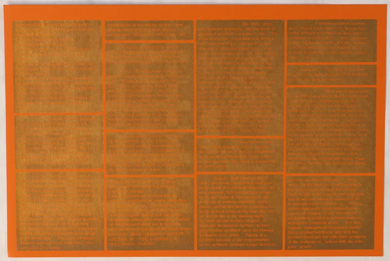 orange page; page is split in fourteen quadrilaterals with text in them (rectangles and squares). 