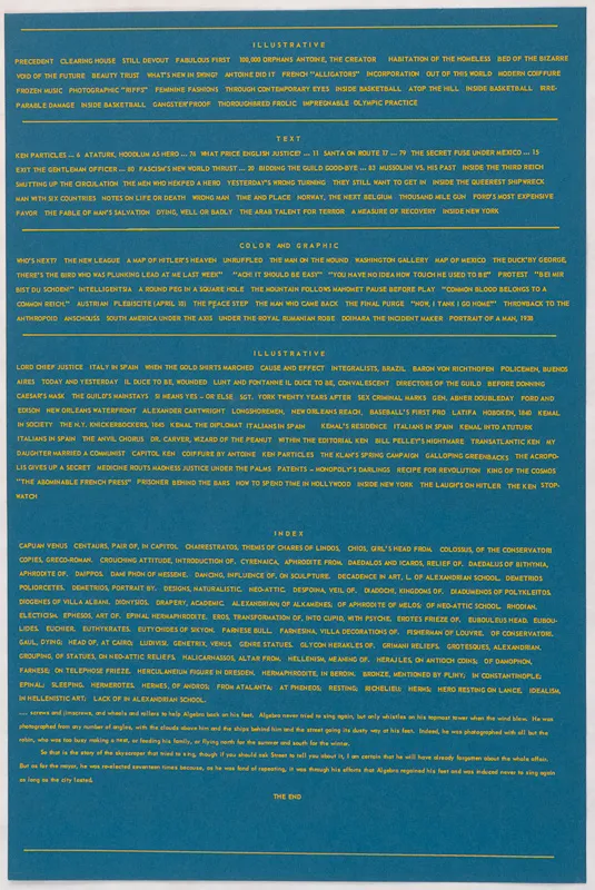 yellow text on teal paper, noting the list of contributers.