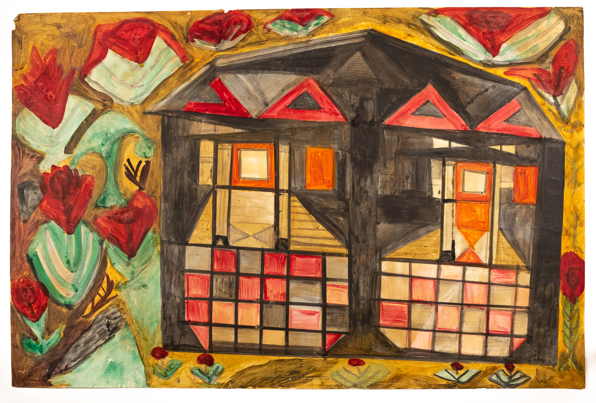 Colourful house in a abstracted geometric style on a background of red flowers.